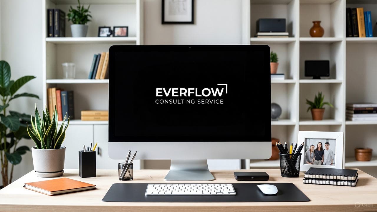 Minimalist office desk and chair bathed in soft neutral light.